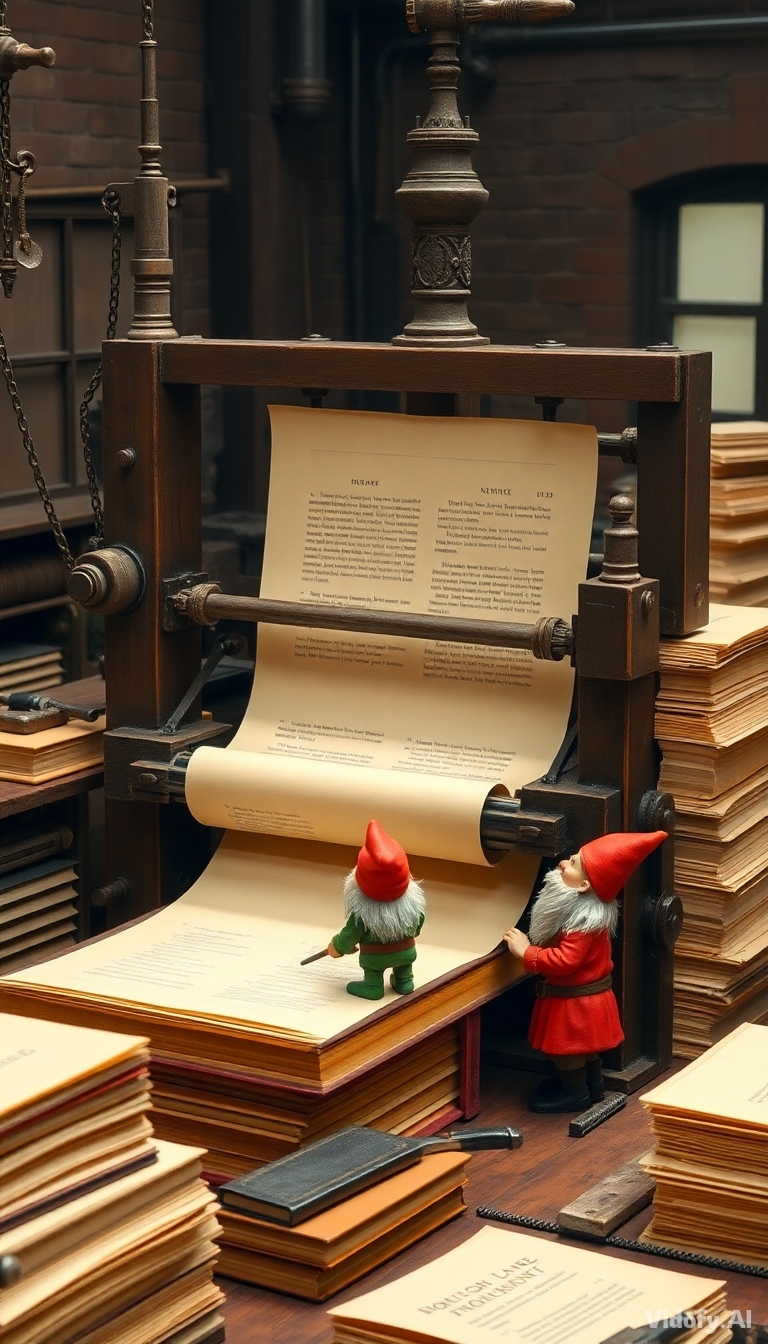 Miniature dwarfs operating a giant printing press to create a lar