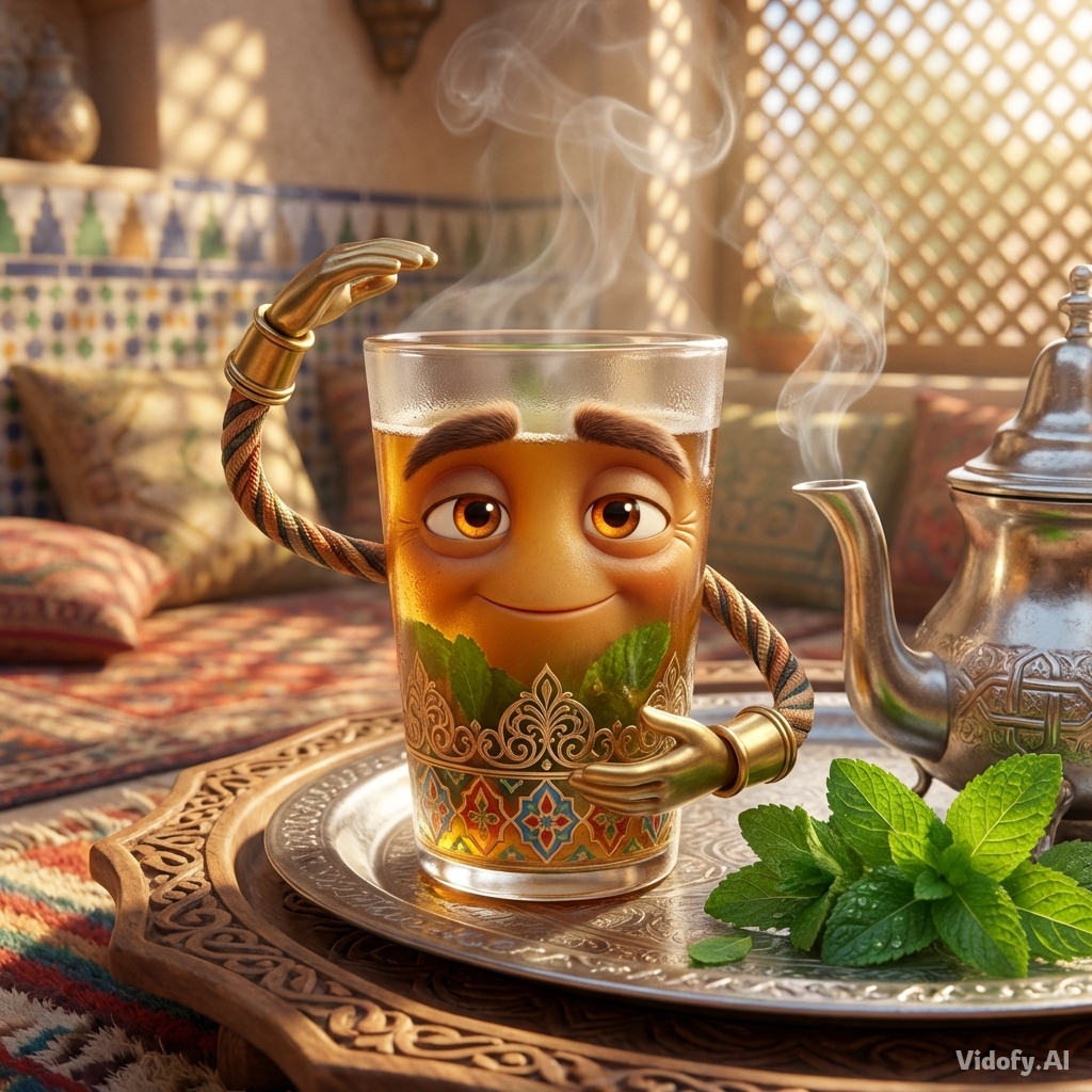 Pixar-style 3D render of a traditional Moroccan mint tea glass (A
