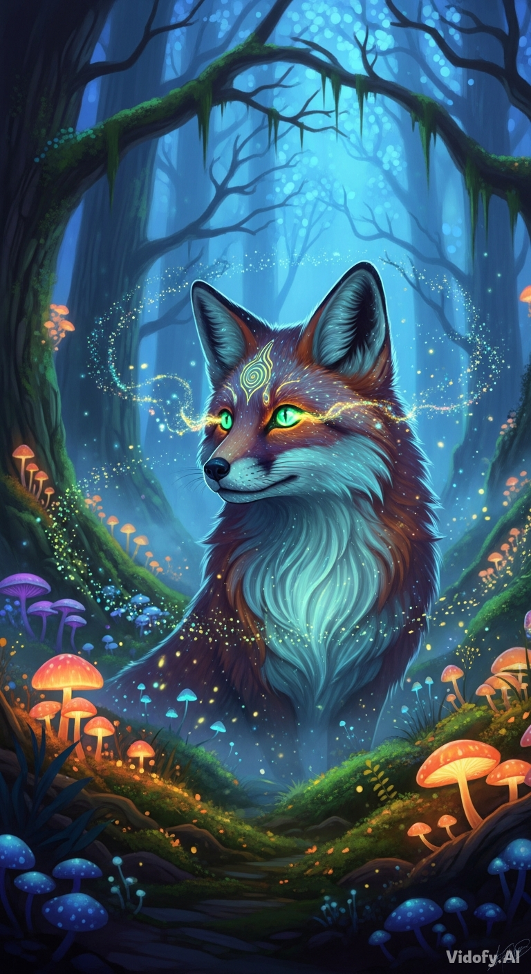 Masterpiece digital painting of a mystical fox in an enchanted fo