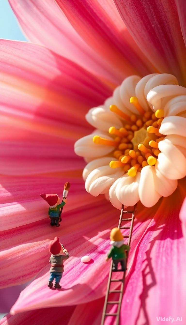 Miniature dwarfs painting the petals of a massive flower with bru