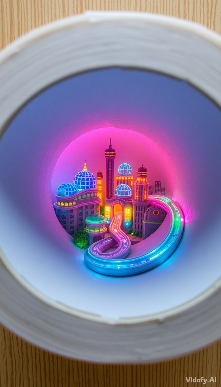 Tiny futuristic city inside a single roll of toilet paper. Neon l