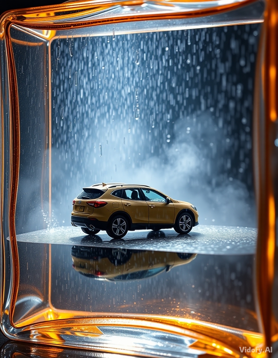 Tiny car wash scene inside a giant perfume bottle during artifici