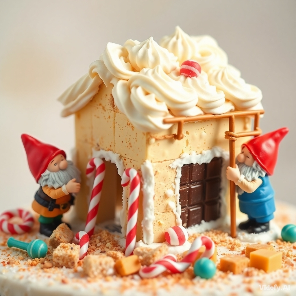 Tiny dwarfs constructing a house out of cake and sweets. They use