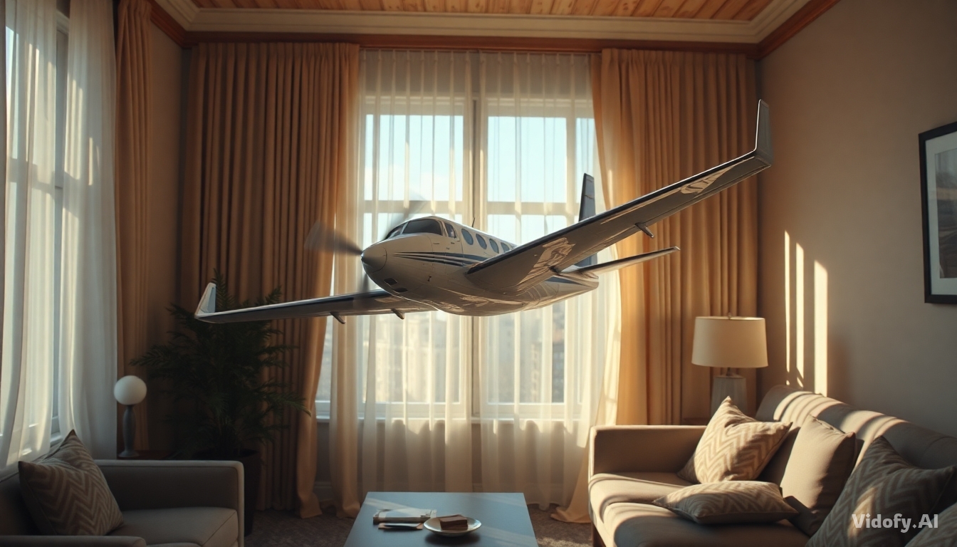 A small commercial airplane flying through a cozy living room. Cu