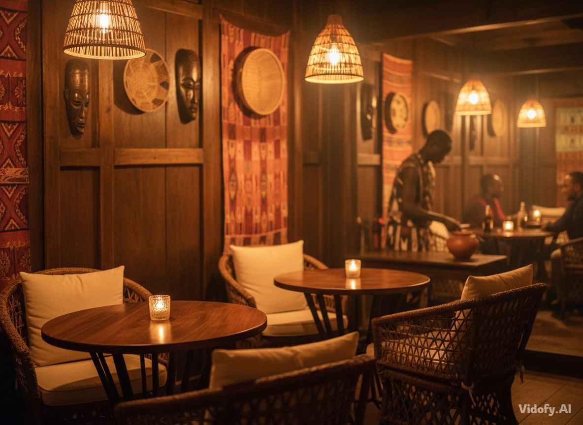 A cozy Kenyan restaurant corner with wooden tables and woven chai